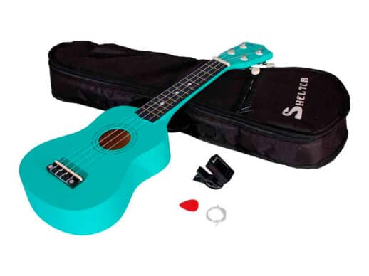Shelter-ukulele-grøn-UK1S-GN-pakke-med-bag-plekter-og-tuner