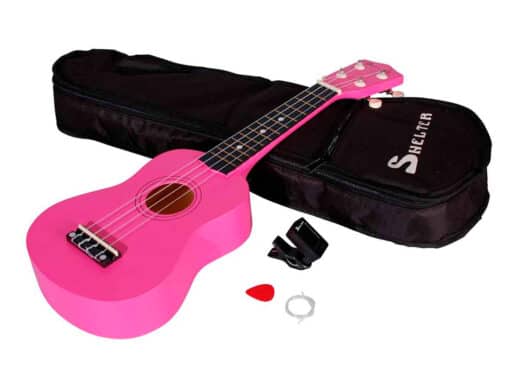 Shelter-ukulele-pink-UK1S-RD-pakke-med-bag-plekter-og-tuner